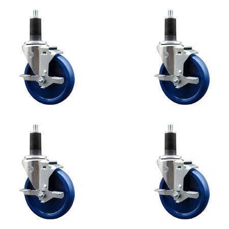 Service Caster 5'' SS Solid Poly Swivel 1-1/4'' Expanding Stem Caster Set with Brake, 4PK SCC-SSEX20S514-SPUS-TLB-114-4